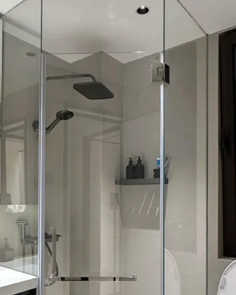 Glass hardware clamps for shower railing and partition fixing layouts
